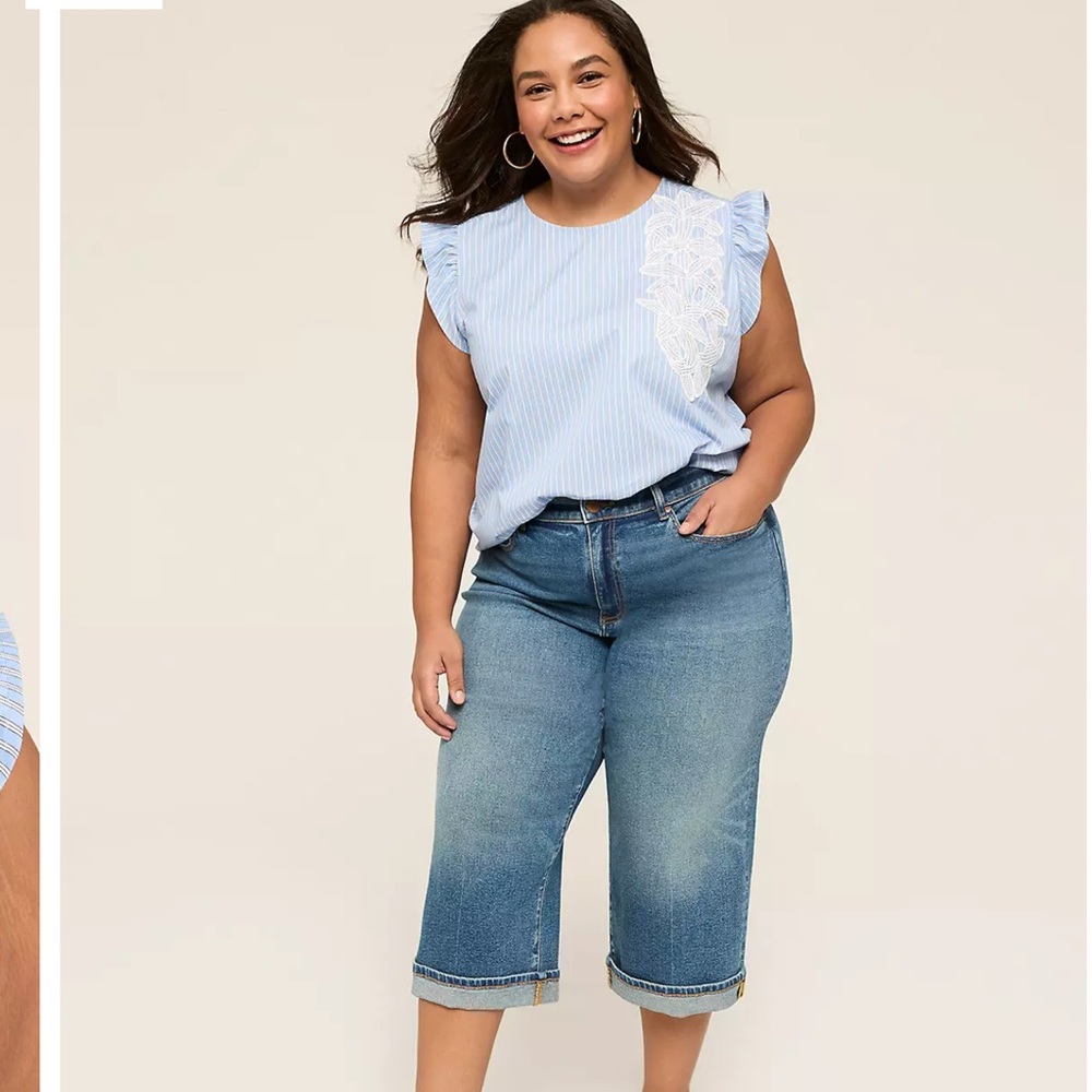Lane Bryant Ruffle Cap-Sleeve Applique Top Blue 18